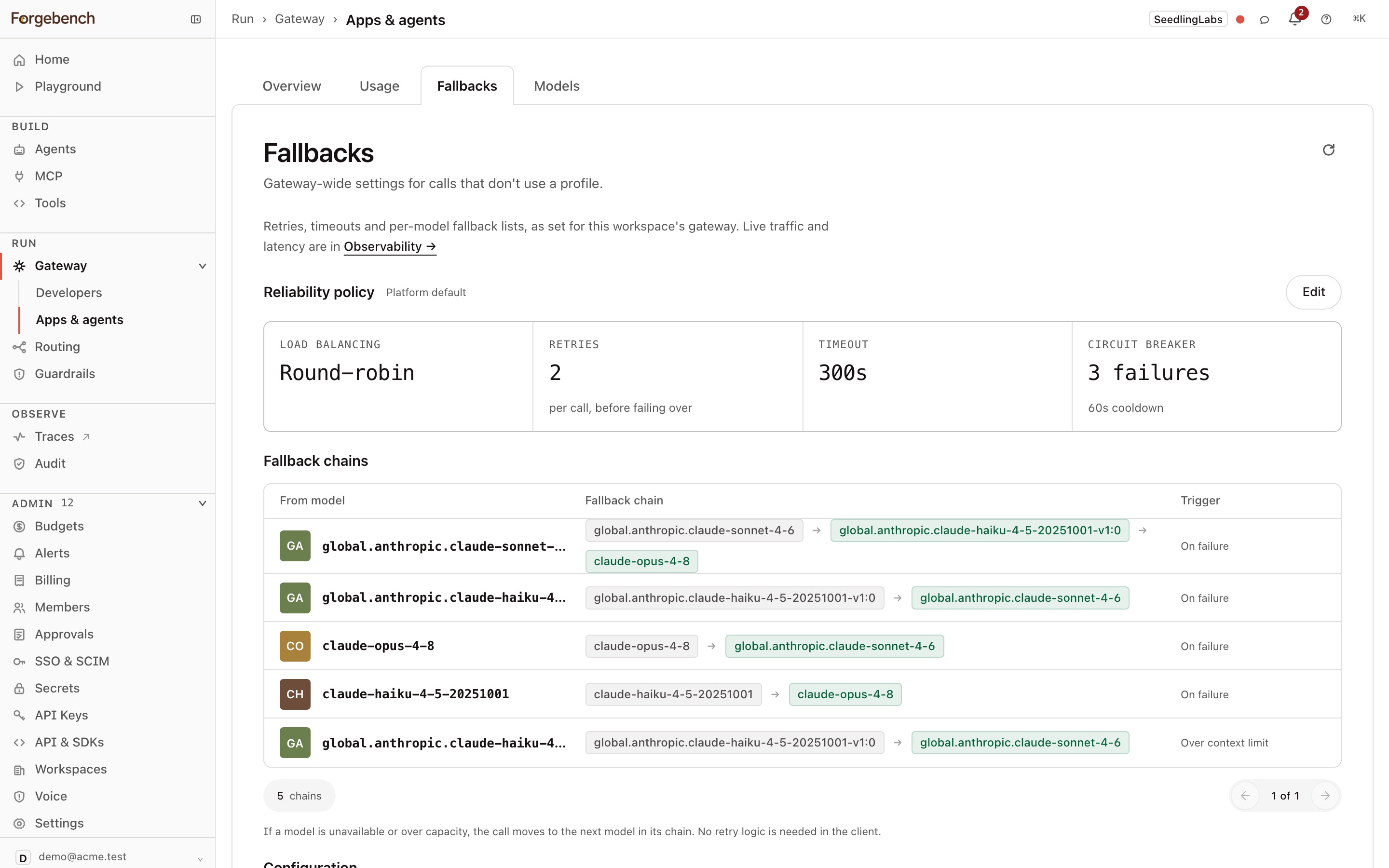 Apps & agents → Fallbacks: the reliability policy and fallback chains