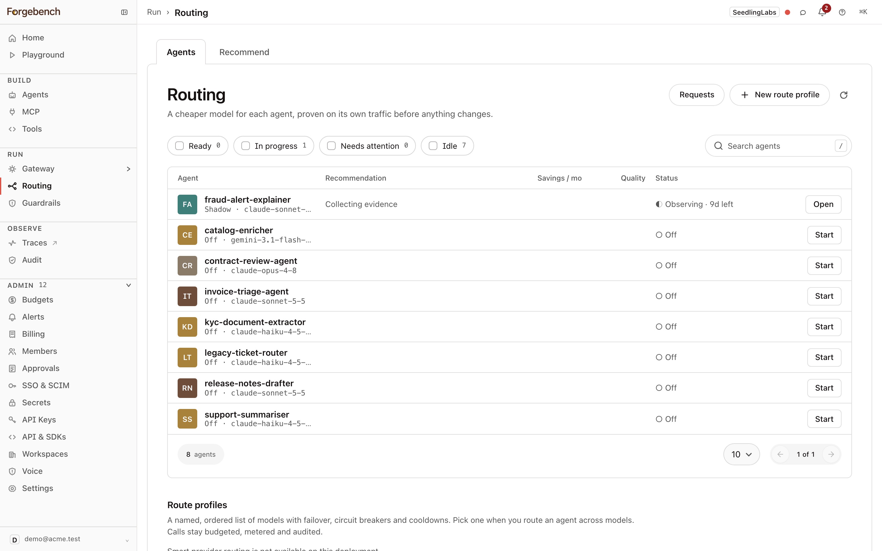Routing → Agents: every agent's state, with filters and Start